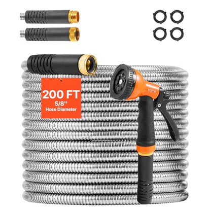 VEVOR Metal Garden Hose 200 ft, Heavy Duty Stainless Steel Water Hose with 10-Function Nozzle, No-Kink & Flexible Outdoor Garden Hose, Rust-Proof Lightweight Hose for Yard, RV, Car Wash - size: 200 ft with 10 Function Spray Nozzle