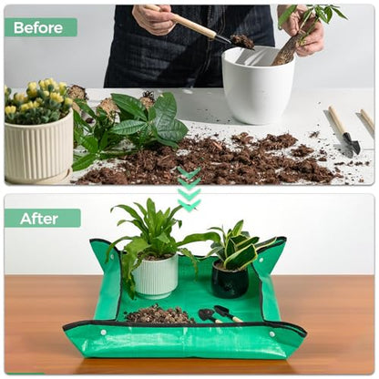 Plant Repotting Tarp 27"x 27" - Waterproof Repotting Mat for Indoor Plants, Extra Large Potting Mat with Raised Edges to Prevent Soil Spills, Green