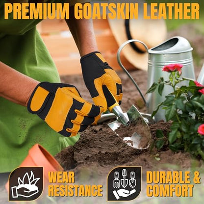 HADIZ Leather Gardening & Working Gloves Men & Women Rose Pruning Breathable Thorn Proof & Garden Tweezer Set - size: Large