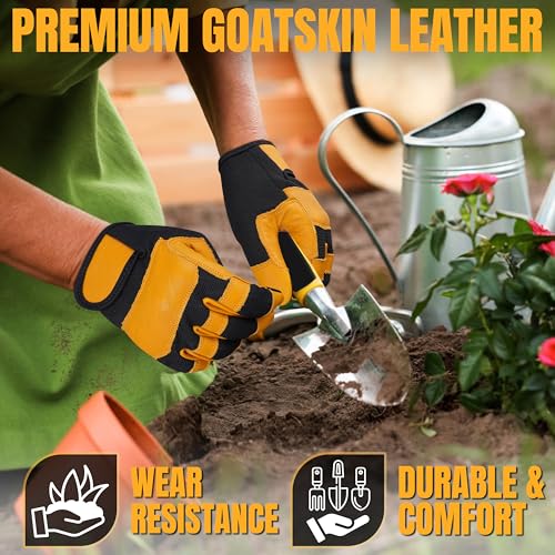 HADIZ Leather Gardening & Working Gloves Men & Women Rose Pruning Breathable Thorn Proof & Garden Tweezer Set - size: X-Large