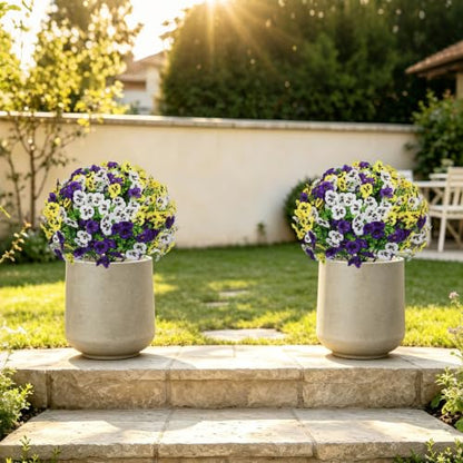 24" Artificial Pansy Flowers for Outdoors with Cement Pots Set of 2 - color: Pansy Yellow-purple-white
