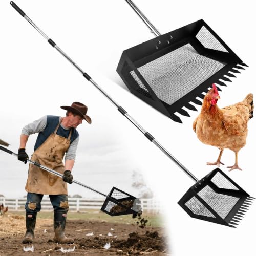 Chicken Poop Scooper Rake, 2-in-1 304 Stainless Steel 15 Inch Scoop - color: Black