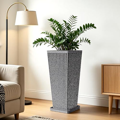 24" Tapered Tall Planters for Outdoor Plants with Tray&Shelf, Gray - color: Dark Gray-sandblasting