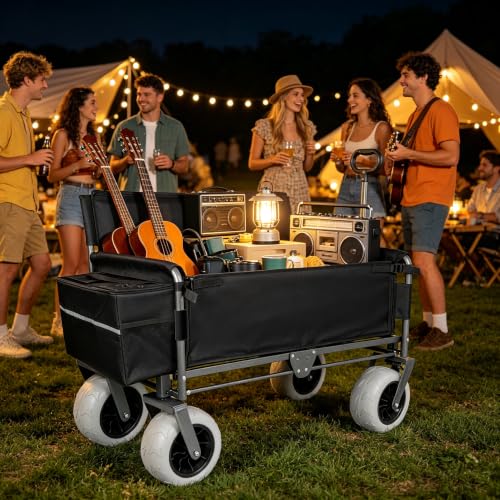 Foldable Beach Wagon - Heavy-Duty Wagon Cart with Bench Seat, Wheels & Storage 1 Ice Pack, All-Terrain Portable Utility Outdoor Grocery Cart 500lb Capacity for Sports Lounge Camping Black - color: Black, size: 9"