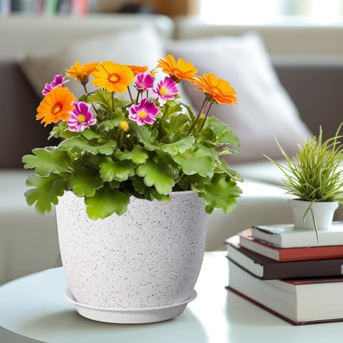 10/9/8 inch Plant Pots, 3 Pack Plastic Flower Pots Modern Flower Pots with Drainage Holes and Trays are for Indoor and Outdoor Plants, Herbs and Flowers,White Speckles - color: White