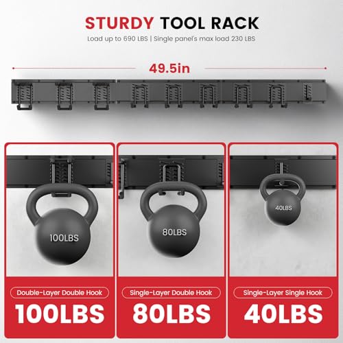 49.5" Heavy Duty Wall Mounted Garage Tool Organizer – 3 Panels & 9 Adjustable Hooks, 690 lbs Load Capacity, Modular Storage for Efficient Tool Organization, Easy Install in Garage, Garden, 14 Pack - size: 49.5in | 3Panels + 9Hooks