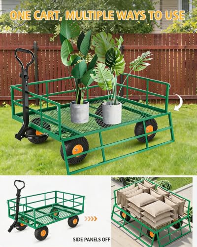 Heavy Duty Steel Garden Cart - 1200 lbs Capacity Outdoor Utility Wagon, Removable Sides, 13" Wheels, 2-in-1 Handle, Ideal for Yard, Lawn, Garden Tasks - Green + Orange | 1200 lbs | Green + - color: Green and Orange, size: 1200 LBS