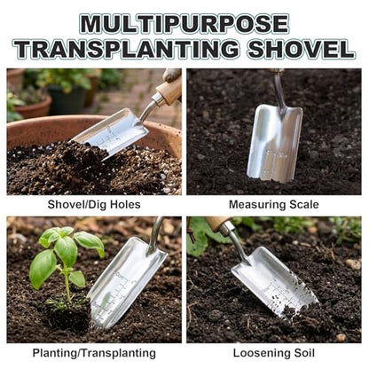 Berry&Bird Measuring Transplanting Trowel, 13.78" Stainless Steel Garden Shovel with Wood Handle - color: Measuring Transplanting Trowel, size: Small