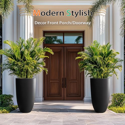 Heyzier Tall Planters for Outdoor Plants, Large Concrete Flower Pots for Garden Front Porch, Patio, Indoor (Black)