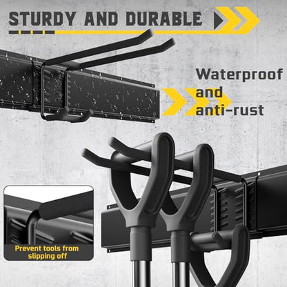 96" Garage Tool Organizer Wall Mount, 1250lbs Heavy Duty Garden Tool Storage Rack with 15 Adjustable Hooks for Yard, Shed, Garage (6 Racks, 15 Hooks, 2 Straps, Steel) - size: 96inch