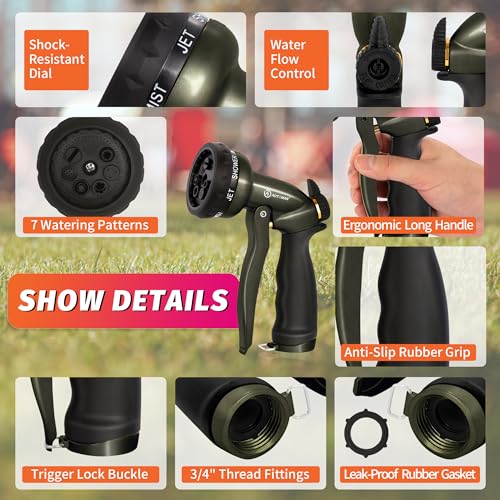 AUTOMAN Garden Hose Nozzle - 7 Patterns Sprayer, 100% Metal High Pressure Spray Nozzle, Labor-Saving Design, Heavy Duty Water Hose Nozzle for Garden Watering, Car Washing, Window Cleaning,Pets Bathing - color: Metalic Olive
