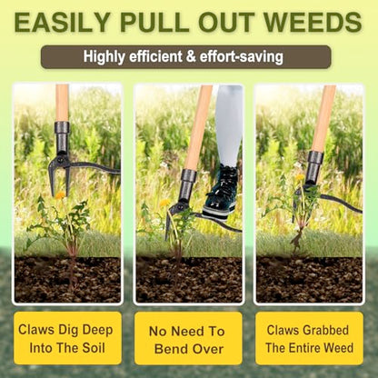 Weed Puller Stand Up Weed Puller Tool with Wooden Long Handle Foot Platform Design 4-Claw Steel Head & Removable 3-Section Pole Garden Tools-Easily Remove Weeds Without Bending or Kneeling