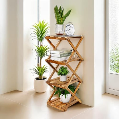 BEEFURNI 4-Tier Foldable Acacia Wood Ladder Plant Stand & Corner Rack