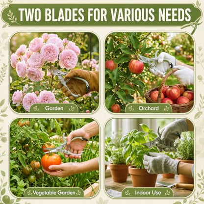 4 Pack Garden Pruning Shears Set, Lightweight Gardening Scissors with Safety Lock, Rust Resistant Bypass and Straight Blade Garden Clippers for Plants, Flowers, Fruit Trees, Green