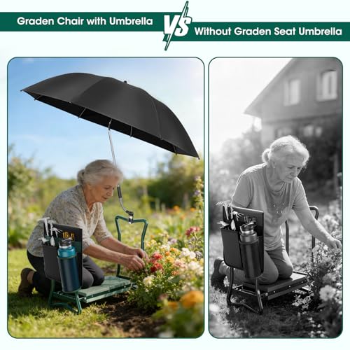 OAOA innovation 2-in-1 Garden Kneeler with Umbrella, Kneeling Bench & Black Umbrella, Portable Stool 330lb Capacity, Garden Tools Bag with Bottle Holder, Gardening Gift for Men Women Seniors - color: Black