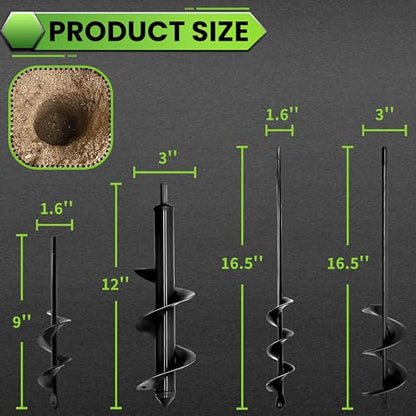 4PCS Garden Auger Drill Bit Set - 1.6x9 & 1.6x16 & 2.7x16 & 3x12 inch - color: Black, size: 4PCS-1.6x9 & 1.6x16 & 2.7x16 & 3x12 in