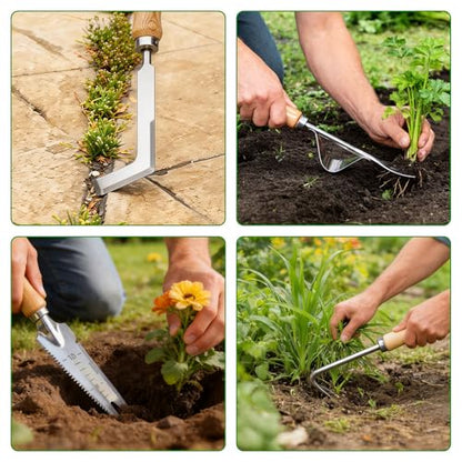4PCS Garden Weeding Tool Set, Hand Weeder Tools with Wooden Handles, Double Claw Root Hook, V-Shape Weed Puller, Crack Weeder & Stainless Steel Garden Trowel for Digging, Planting & Weed Removal