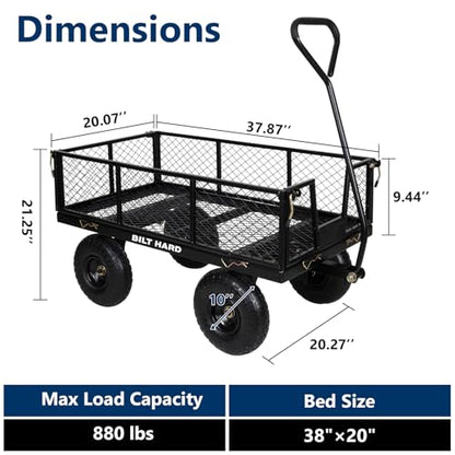 BILT HARD Heavy Duty 880 Lbs Capacity Mesh Steel Garden Cart, 4 Cu.Ft Heavy Duty Garden Cart with 180° Rotating Handle, Removable Sides, All Terrain Wheels, Capacity Utility Steel Wagons for Yard