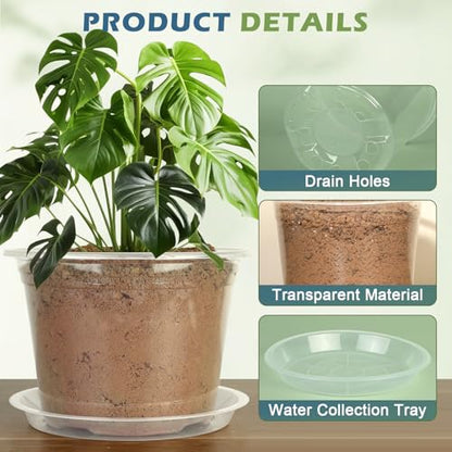 6/8/10 Inch Large Size Clear Nursery Pots with Drainage and Saucers, 9 Pack Plastic Plant Pots for Seedling Starter, Durable Plastic Pots for Indoors - size: 6810inch-9pcs