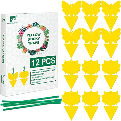 LULUCATCH Fruit Fly Sticky Traps 12 Pcs, Yellow Sticky Trap, Non-Toxic Gnat Traps Insect Catcher, Super Sticky Fly Traps for Indoor Outdoor Kitchen White Flies Mosquitos Fungus Gnats Flying Insects - size: 12 Pack