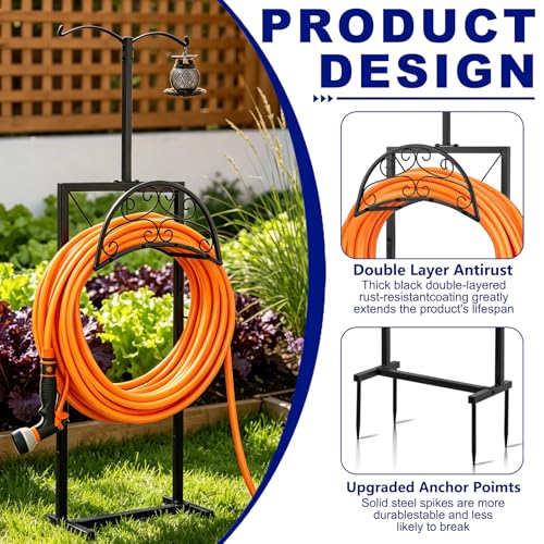 Hose Holder with Double-Ear Hooks and Free Gardening Gloves, Garden Hose Holder,Heavy Duty Metal Build, Hose Holders for Outside, Outside Hose Rack for Yard Lawn Patio, Black