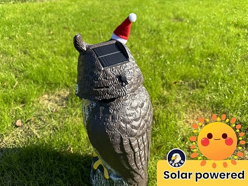 Solar Powered Owl, Motion Detection, Rotating Head, Realistic Hoots and Silent Mode, Outdoor Statue, Sculpture, Owl Decoration with a Christmas Hat for Home, Garden, Patio and Lawn