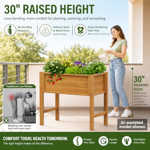 YEFU 34" Small Garden Planter, Wood-Look HIPS Compact Planter Box, Teak - color: Teak, size: 34"×18"×30"