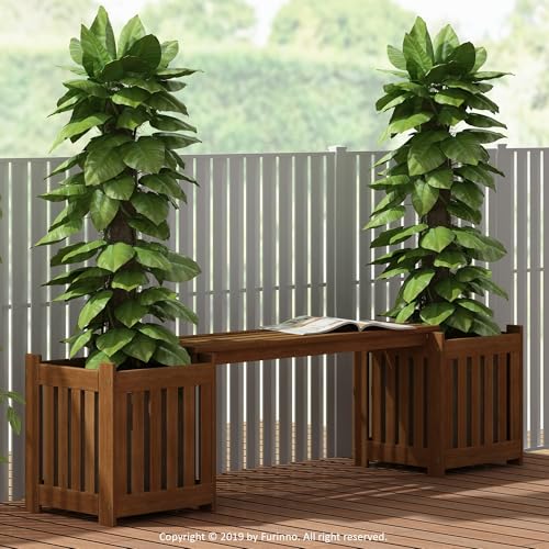 Furinno TIOMAN Planter Box with Bench, Hardwood Flower Box with Seat, Cube Garden Box, in Teak Oil, Outdoor Indoor, Garden, Patio, Balcony, Light Wood - size: 16" x 16" Boxes with 41" Wide Bench