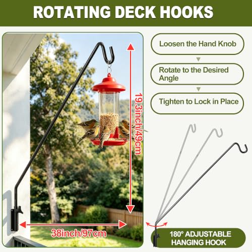 MIXXIDEA Heavy Duty Extended Reach Wall Mounted Deck Hook Wall Pole,Bracket Direction and Length Adjustable Plant Bracket for Bird Feeders, Planters, Suet Baskets, Lanterns, Wind Chimes,Black - size: 43in Long Wall Mounted Hook-1 Pack