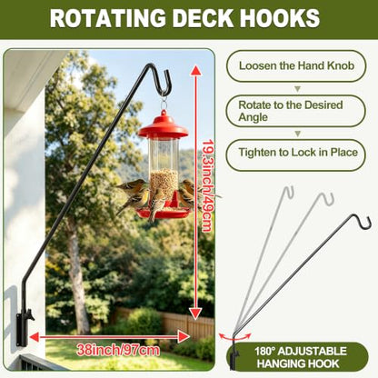 MIXXIDEA Heavy Duty Extended Reach Wall Mounted Deck Hook Wall Pole,Bracket Direction and Length Adjustable Plant Bracket for Bird Feeders, Planters, Suet Baskets, Lanterns, Wind Chimes,Black - size: 43in Long Wall Mounted Hook-1 Pack