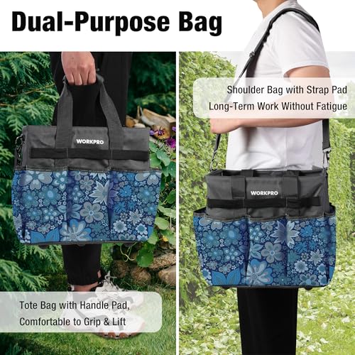 WORKPRO Garden Tool Bag, 10 Pockets and Shoulder Strap, Floral Blue - color: Floral Blue