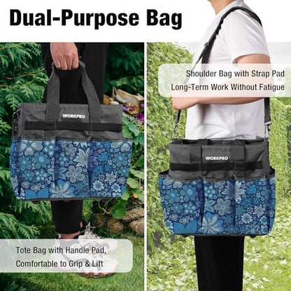 WORKPRO Garden Tool Bag, 10 Pockets and Shoulder Strap, Floral Blue - color: Floral Blue