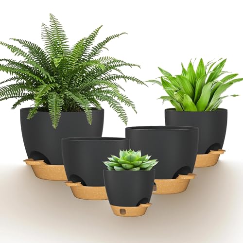 12/10/9/8/6 Inch Self Watering Pots for Indoor Outdoor Plants, Set of 5 Large Plastic Planters with Visual Water Window, Drainage Holes & Watering Lip, Modern Decorative Flower Pots (Black) - color: Black, size: 6/8/9/10/12 Inch