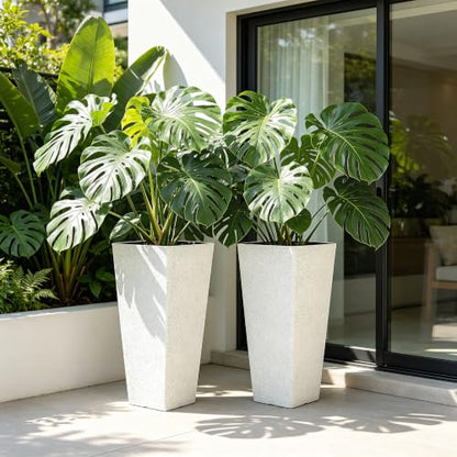 Autodaya 28" Plant Pots Tall Planters for Outdoor Plants Set of 2 with Tray - color: Tall Terrazzo White-28"