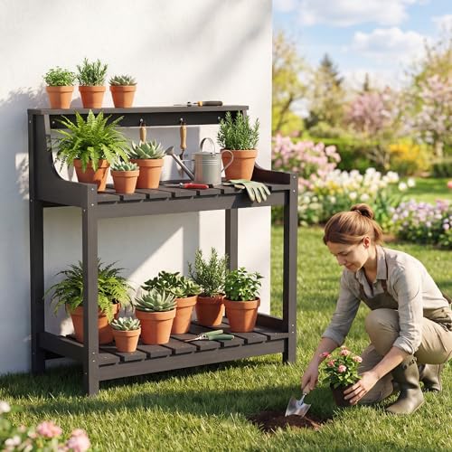 Domi 3-Tier Potting Benches for Outside, HDPE Outdoor Potting Table, Grey - color: Gray
