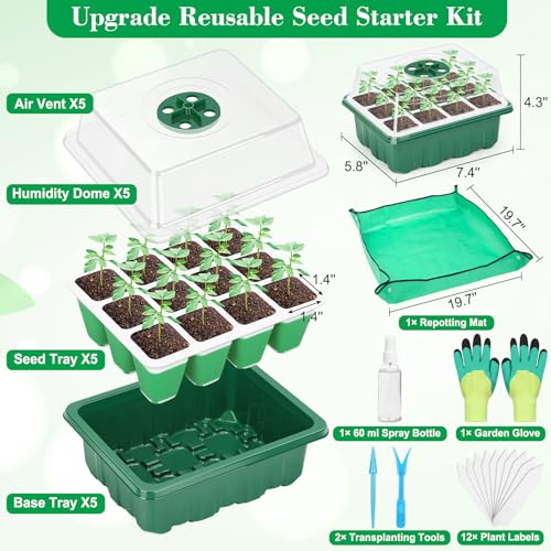 Reusable Silicone Seed Starter Tray, 60 Cells Seed Starter Kit with Humidity Adjustable Dome and Lid, Plant Germination Trays with Repotting Mat 5 Packs Germination Kit for Seeds Grow Starting