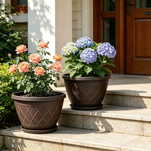 6 Pack 8 Inch Plant Pots, Planters with Drainage Holes & Saucers - color: Plaid Pattern-brown, size: 8 Inch - 6Pack