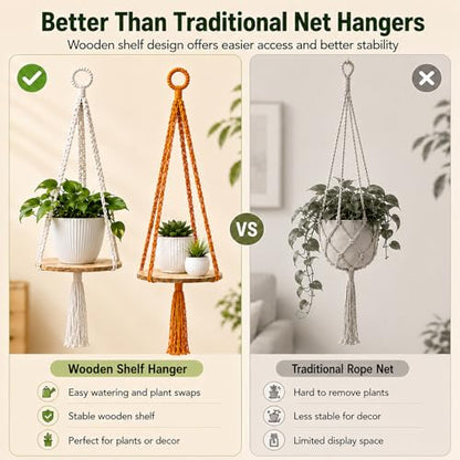 Macrame Hanging Planter with Shelf, Boho Plant Hanger for Indoor Window - color: Beige + Khaki + Orange