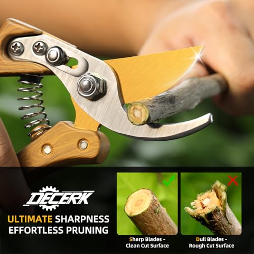 DECERK® 8.5" Premium Bypass Pruning Shears, Wood-Grain Garden Clippers - color: Woodgrain