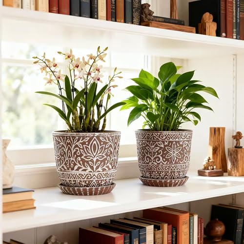 Gepege Ceramic Plant Pots, 6 Inch Indoor Planters with Drainage & Saucers - color: Brown-a, size: 6 Inch - Set of 2