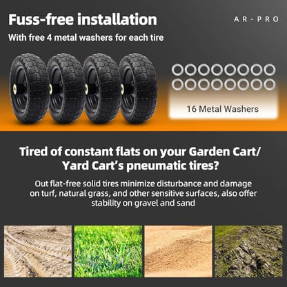AR-PRO (4 Pack) 10" Solid Flat Free Tire and Wheel, 5/8" Bore - size: 10" Solid Tire (4-Wheel)