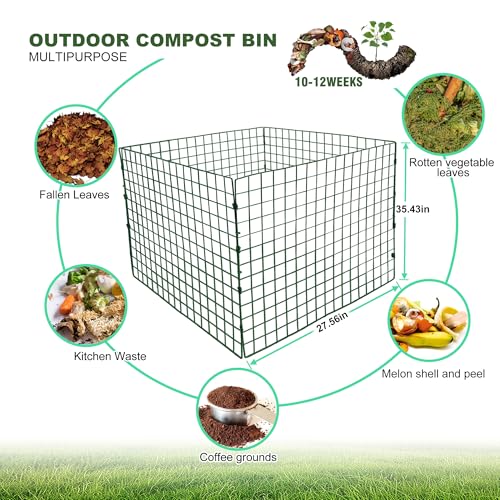 Large Compost Bin Outdoor, Square Mesh Garden Wire Compost Bin for Stacking Leaves and Yard Waste Green 36X36X28 Inches - color: Green