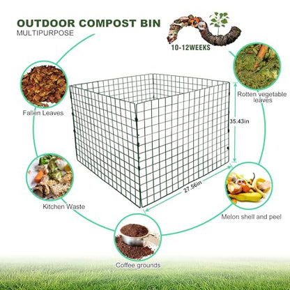 Large Compost Bin Outdoor, Square Mesh Garden Wire Compost Bin for Stacking Leaves and Yard Waste Green 36X36X28 Inches - color: Green