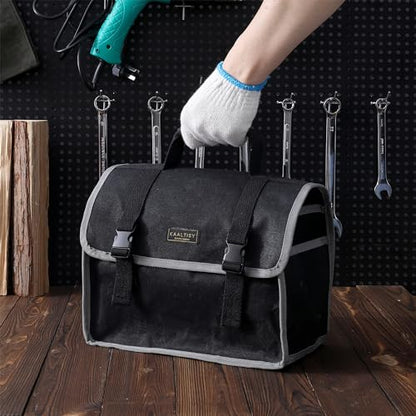 Tool Organizer Bag | 1 Large Pocket Storage Pouch & 2 Side Pockets & Canvas Handle, Heavy Duty 16oz Waxed Canvas Tote Bag, Reusable Tool Carrier for Hand Tools - 11.5"L x 6"W x 7.5"H - Black - color: Black