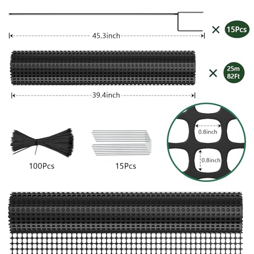 Plastic Chicken Wire Mesh Fence with Metal Stakes, 39.4in x 82ft - color: Black Grid