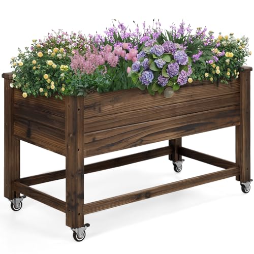 OIPRTGFJ Cedar Wood Outdoor Raised Garden Bed Planter Box with Locking Wheels, 41x21x20 inch, Carbonization Color - color: Planter Box