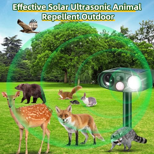 Solar Animal Repellent Outdoor, Ultrasonic Garden Deterrent with Motion Sensor for Cats Squirrels and Rodents, Waterproof Motion Activated Pest Defense Stake for Yard, 110° PIR Wide Angle