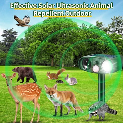 Solar Animal Repellent Outdoor, Ultrasonic Garden Deterrent with Motion Sensor for Cats Squirrels and Rodents, Waterproof Motion Activated Pest Defense Stake for Yard, 110° PIR Wide Angle