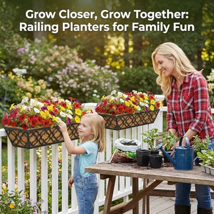 HFHOME 4 Pcs 30" Window Box Deck Railing Planter Box with Horse Trough Coco Liners, Black Metal Hanging Flower Planters Baskets for Indoor, Outdoor, Balcony, Porch, Fence, Patio, and Lawn - size: 30 Inch 4-Pack Flower-Pattern