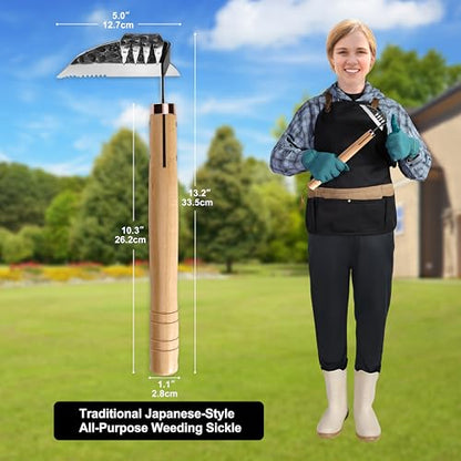 AON Japanese Weeding Sickle & Hand Hoe, 4-Tine Uprooting Garden Tool